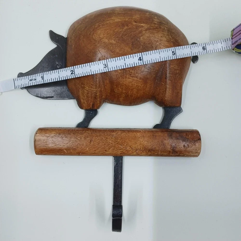 Pier 1 Pig Wall Hook Rustic Wood Metal Farmhouse Kitchen Towel Coat‎ Hanger Bath
